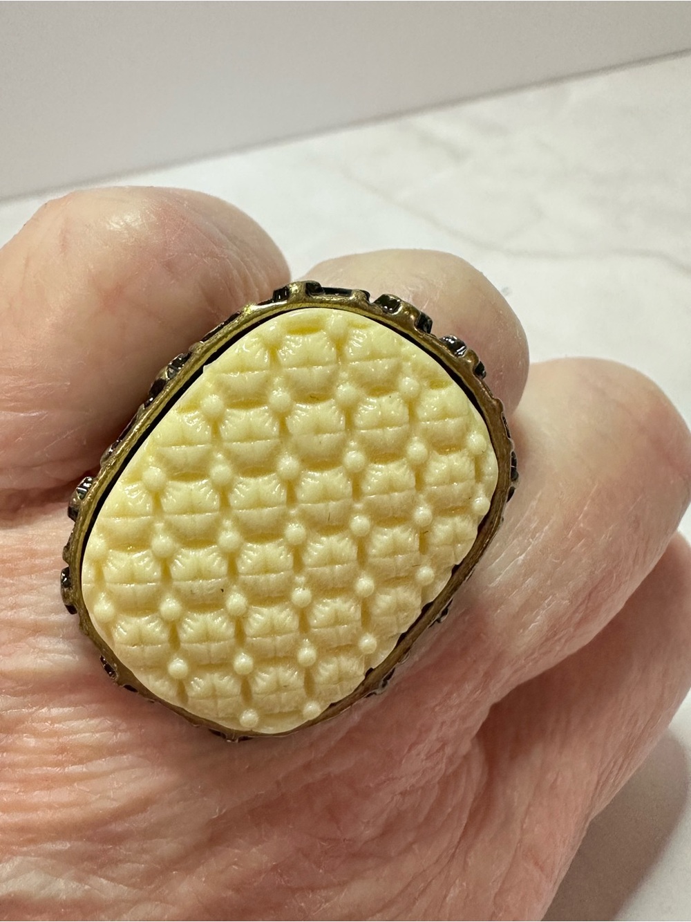 Cream Carved Oval Cocktail Ring - OS Stretchy